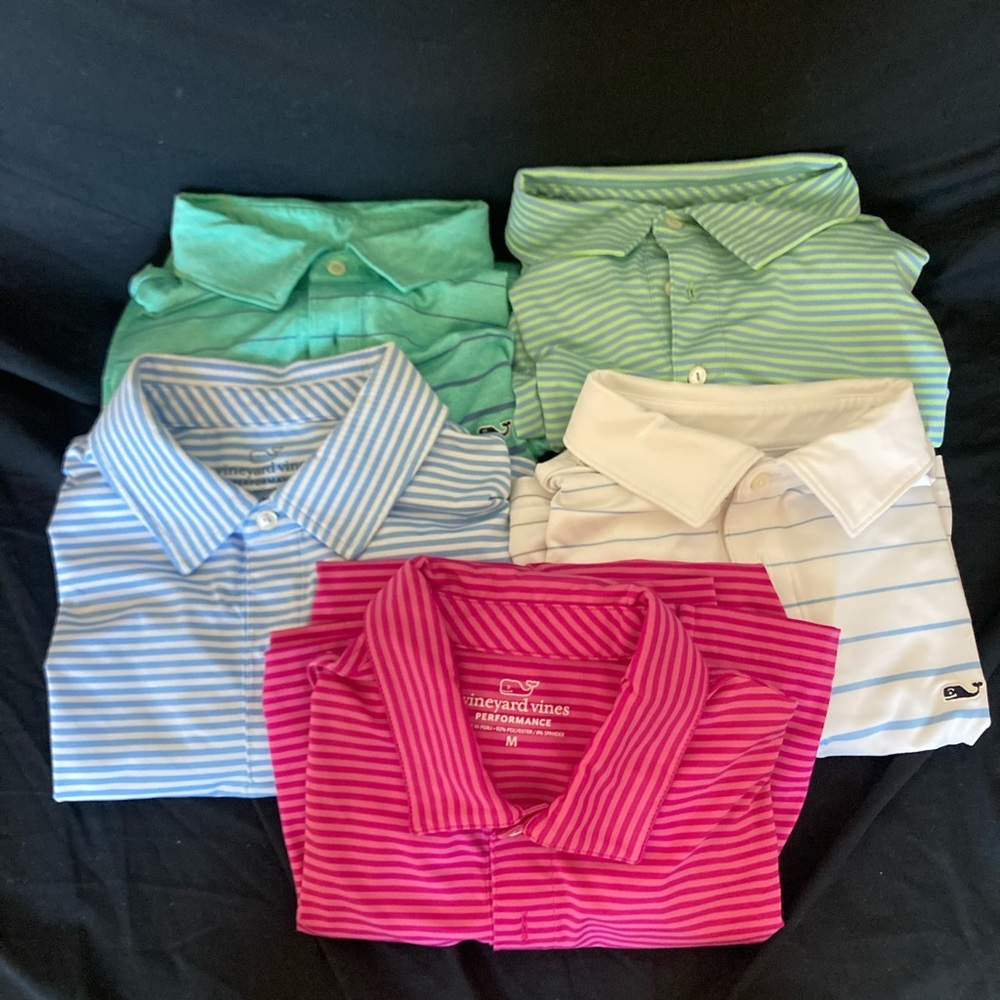5 Vineyard Vines Golf Shirts, size medium, excellent condition.